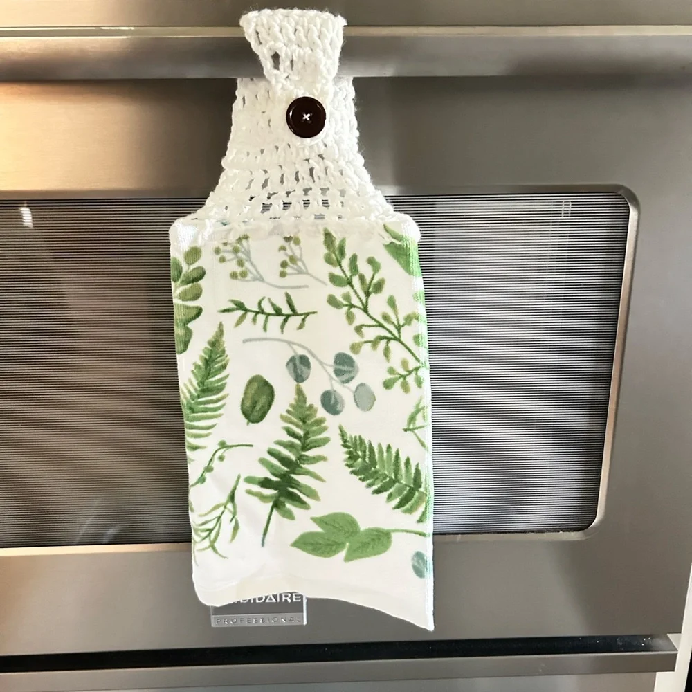 Hand Crafted Colorful Green Leaf Print Kitchen Hanging Hand Towel